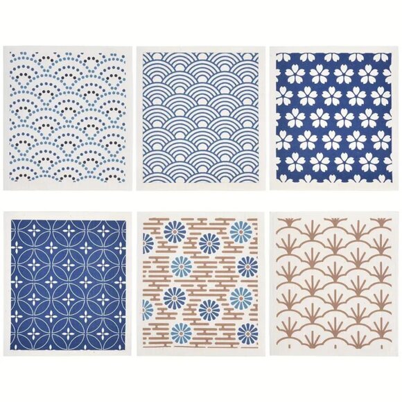 NEW Set of 6 Swedish Dishcloths - Plum Blossom Japanese Style Reusable Cloth - Picture 1 of 5
